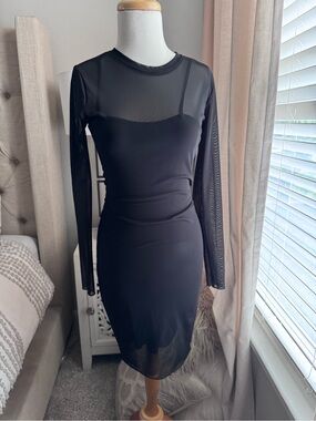 Sheer-Panel Long Sleeve Black Bodycon Midi Dress